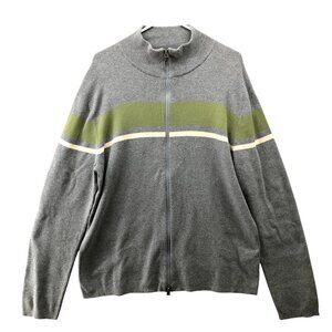 VTG Banana‎ Republic Full Zip Sweater Mens M Gray Green Stripe Knit Cotton